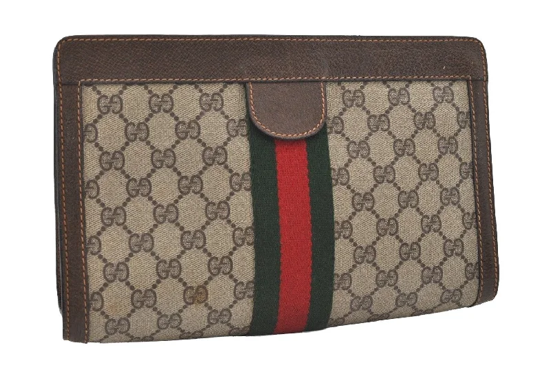 Women Gucci Sylvie bags with a monogram - embossed leatherAuthentic GUCCI Web Sherry Line Clutch Hand Bag Purse GG PVC Leather Brown 9866I