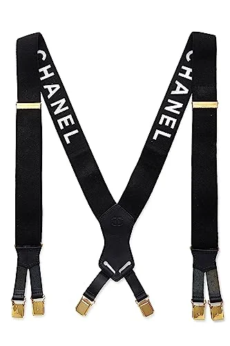 Chanel,  Black Elastic Logo Suspenders, Black