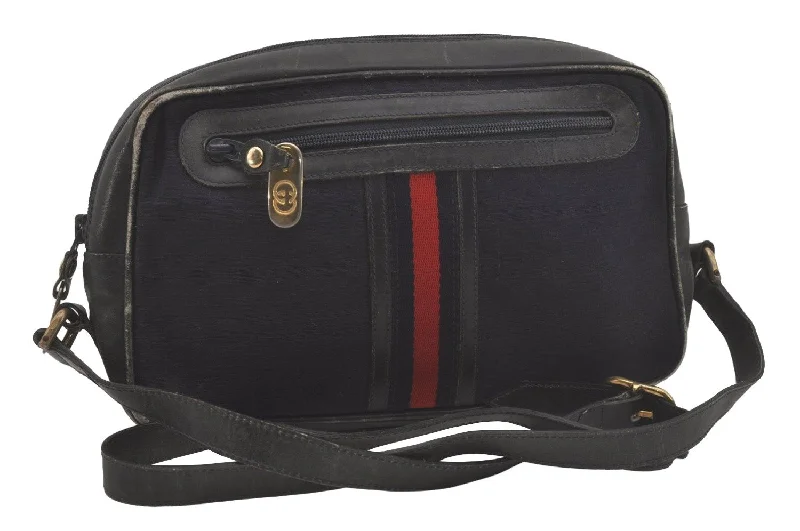 Women Gucci bags with a snap - button closure and a decorative charmAuthentic GUCCI Sherry Line Micro GG Canvas Leather Shoulder Bag Navy Blue 8377I