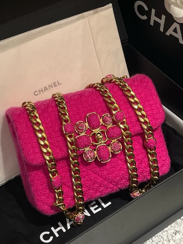 Chanel 22k Pink Tweed Flap Bag Microchip Medium