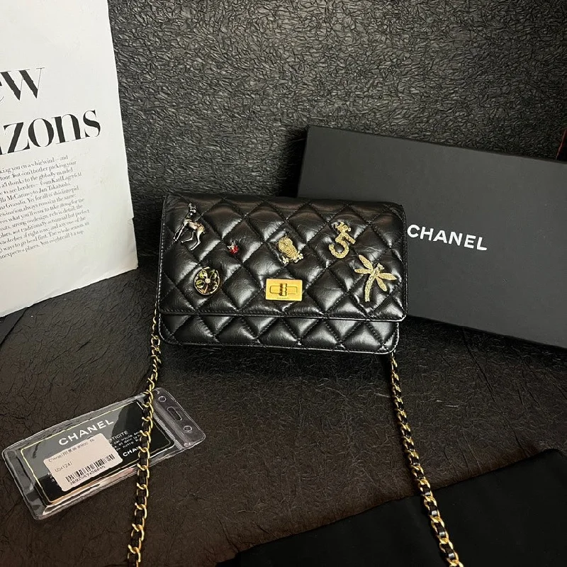 Chanel 2.55 Wallet On Chain Black Gold Badge Limited Edition 19cm