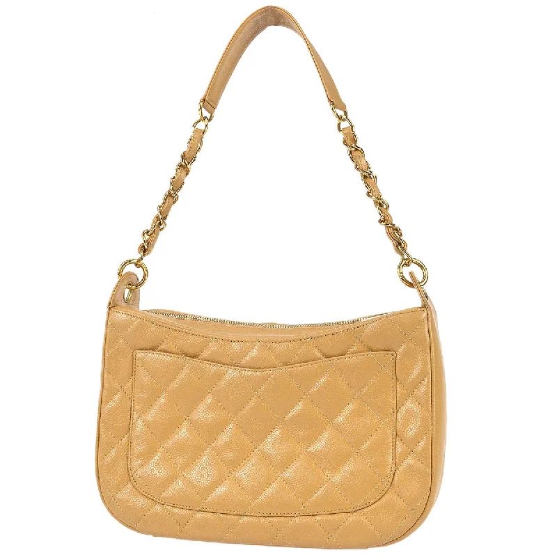 Chanel 2004-2005 Hobo Chain Handbag Beige Caviar