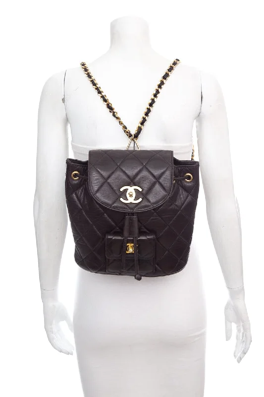 Chanel Vintage Black Lambskin Quilted Drawstring Backpack