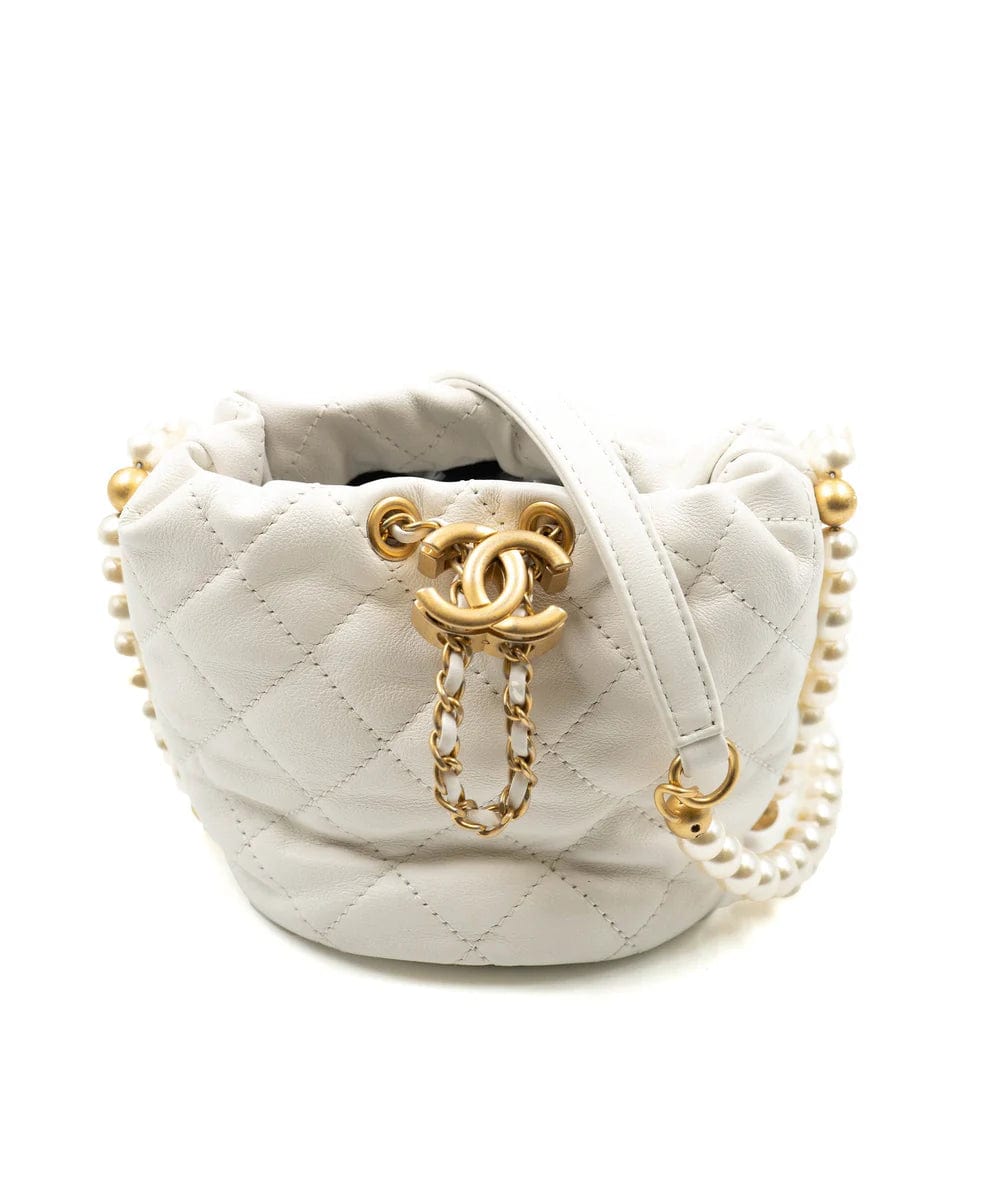 Chanel Light White Calfskin Quilted Pearl Mini About Pearls Drawstring Bucket Bag - DXBS1466