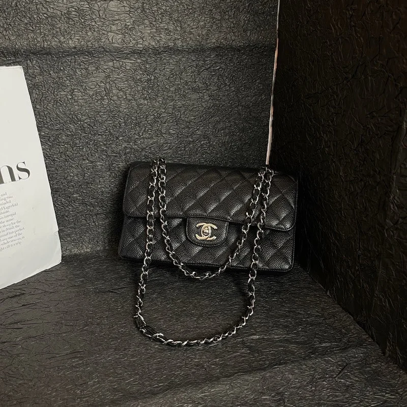 Chanel Black Silver Litchi Grain CF 23cm Small Flap Bag