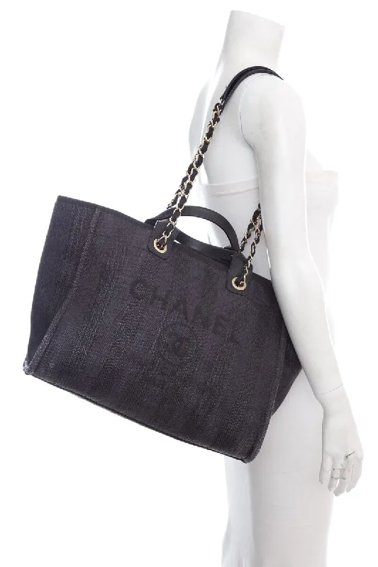 Chanel Chambray and Black Raffia Large Deauville Shopping Tote