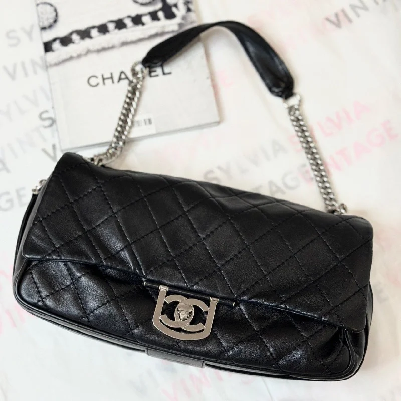 Chanel Sheepskin Silver Lock Flap Shoulder Bag Black 30cm