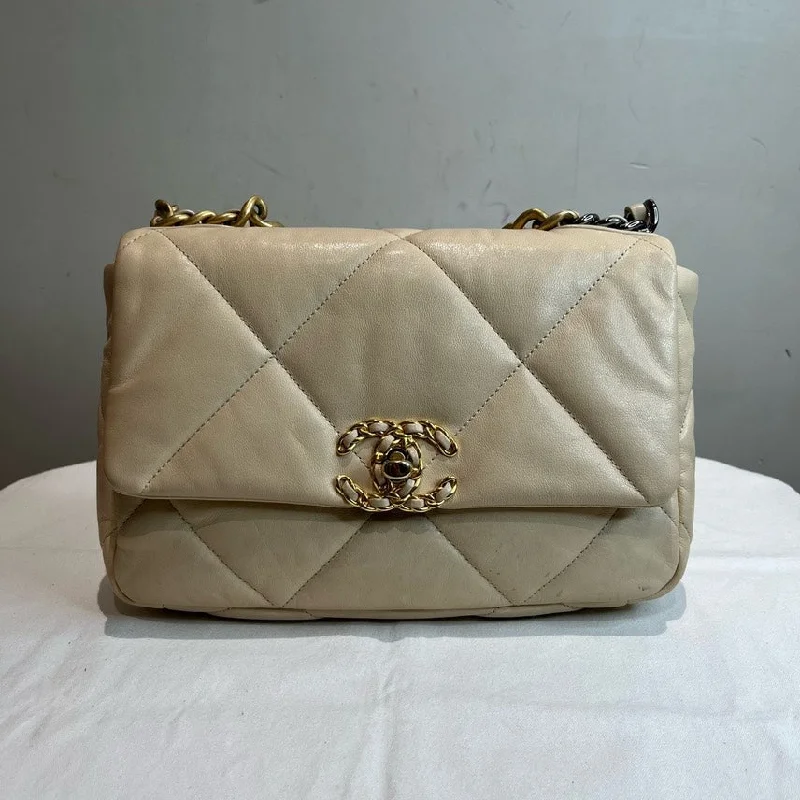 Chanel 19 Beige Leather Quilted Flap Bag Medium Size