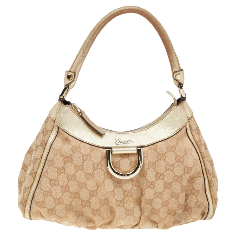 Women Gucci bags with a zip - around closure for securityGucci Beige/Gold GG Canvas And Leather D Ring Hobo