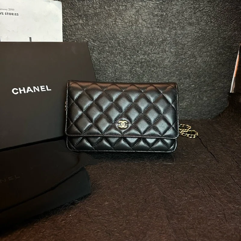 Chanel Black Gold WOC Bag 19cm Quilted Lambskin Flap Chain Wallet