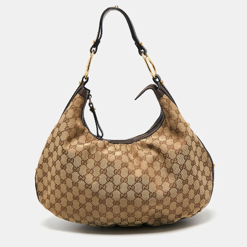 Women Gucci bags with a front - zip pocket for small itemsGucci Beige/Brown GG Canvas and Leather Medium Interlocking G Hobo