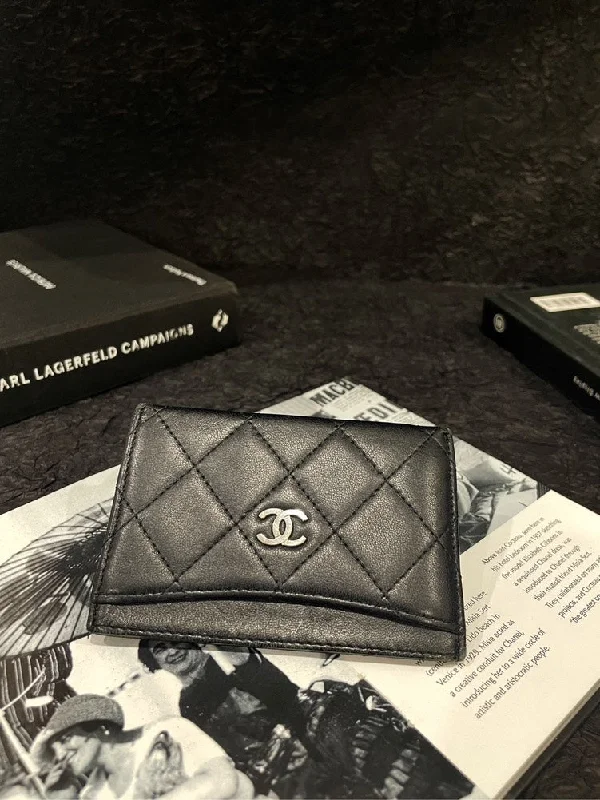 Chanel Classical Black Leather Quilted Credit Card Wallet Silver Hardware