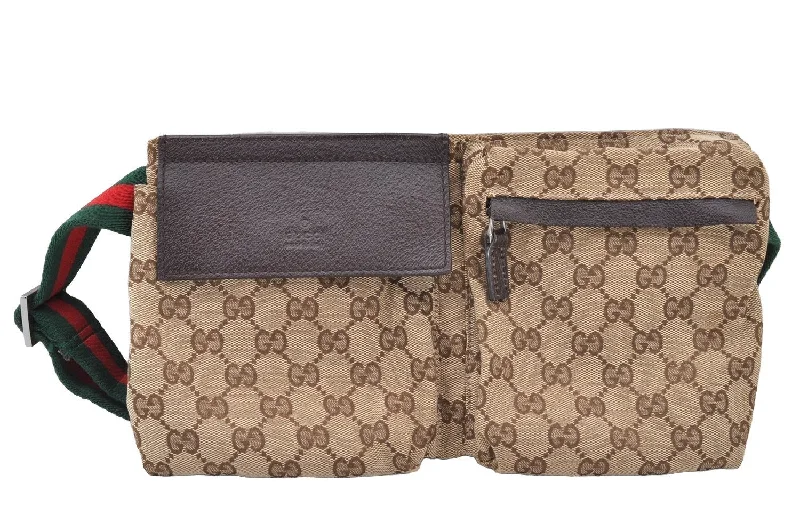 Women Gucci Sylvie bags with a detachable ribbon detailAuthentic GUCCI Web Sherry Line Waist Bag GG Canvas Leather 28566 Brown 8270I