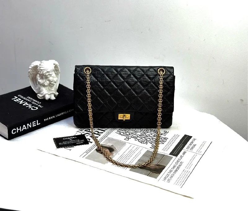 Chanel 2.55 Black Calfskin Golden Lock Flap Bag 28cm