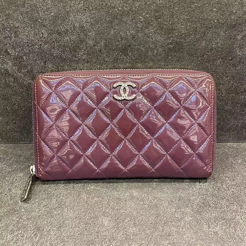 Chanel Matelasse Burgundy Patent Leather Quilted Zip Around Wallet Large