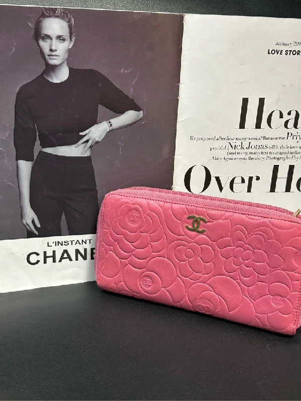 Chanel Pink Leather Floral Embossed Zip Around Wallet