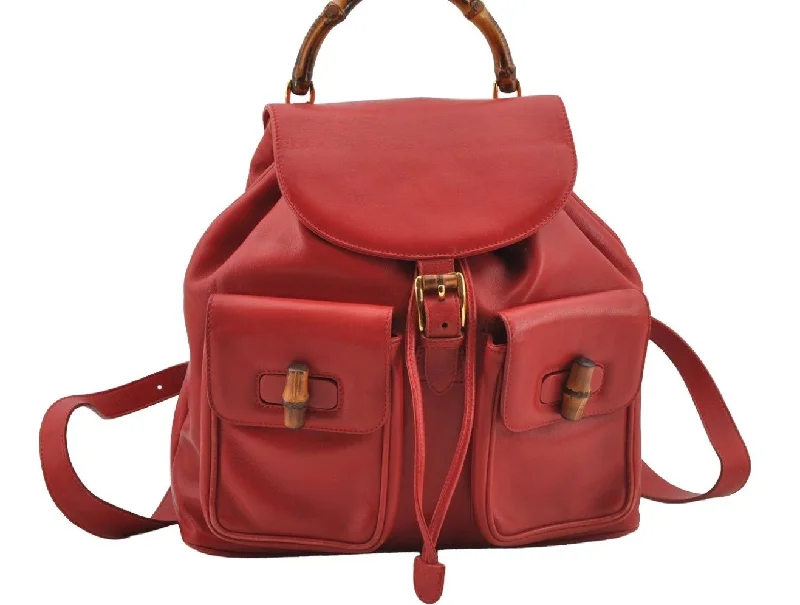 Gucci handbags for women with a patent - leather finishAuthentic GUCCI Bamboo Vintage Drawstring Backpack Leather Red 8442I