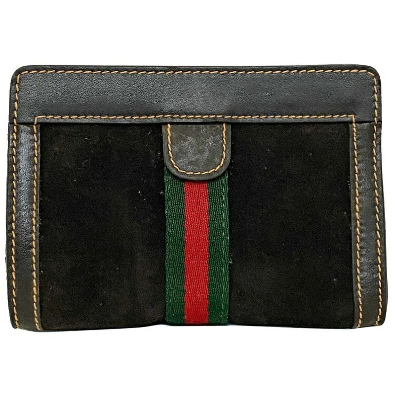 Women Gucci crossbody bags with a printed floral patternGucci Perfume Pouch Brown Green Red Shelly 506 Leather Suede GUCCI PARFUMS Magic Tape Clutch Stripe Ladies