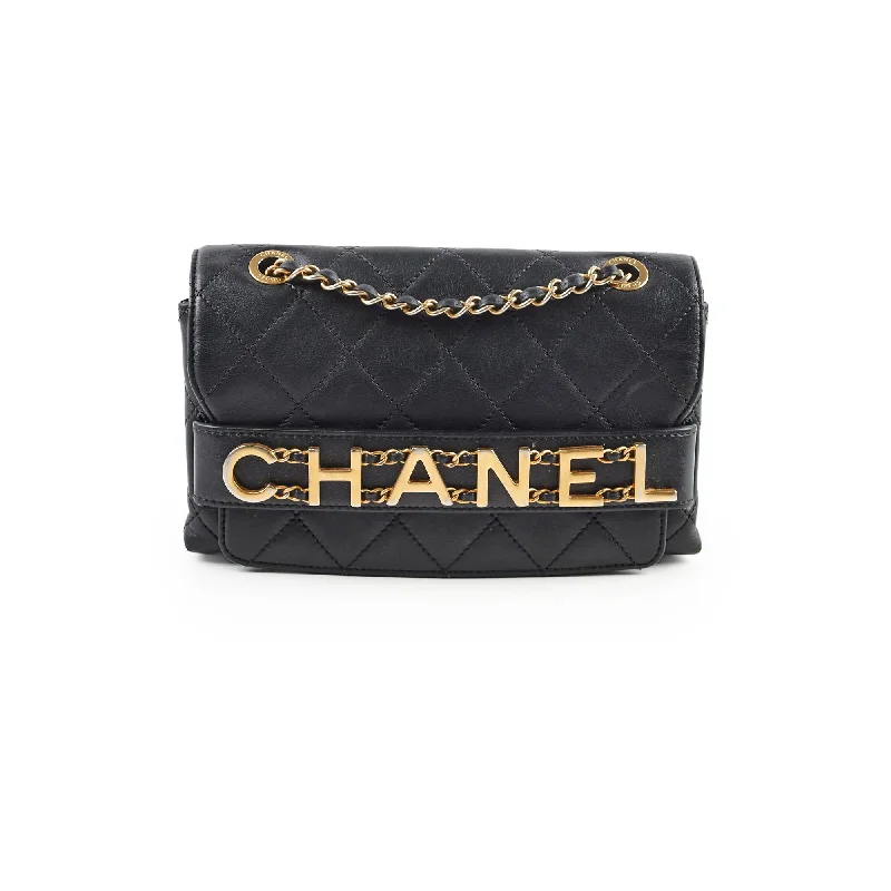 Chanel Logo Enchained Quilted Calfskin Medium Black Flap Bag