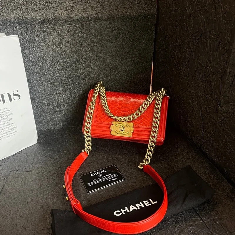 Chanel Tomato Red Snake Skin Small Leboy Bag 19cm