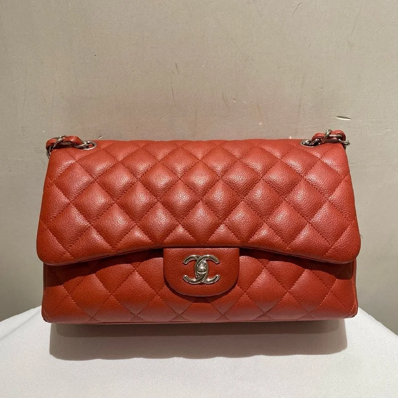 Chanel Salmon Red Caviar Leather Jumbo Bag Quilted Flap