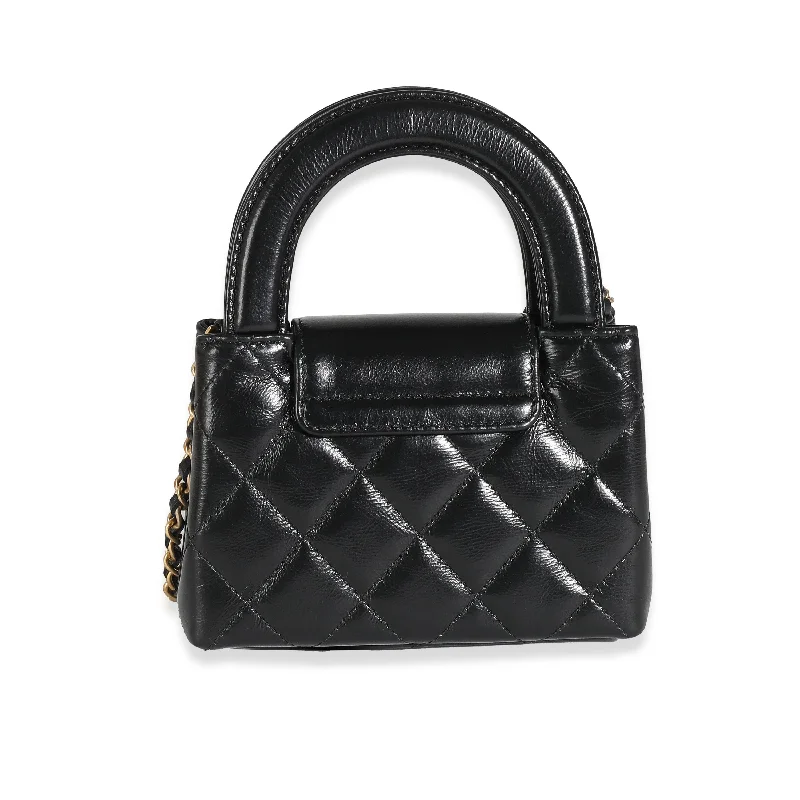 CHANEL 24P Black Quilted Shiny Aged Calfskin Mini Nano Kelly Shopper