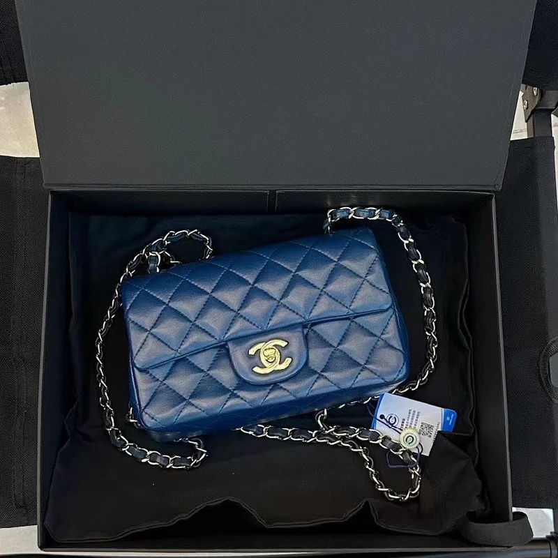 Chanel CF Classic Flap Mini Bag Blue Quilted Leather Chain Strap