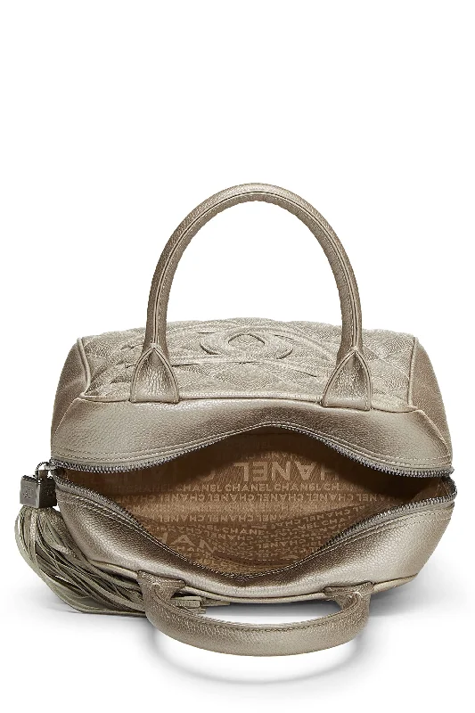 Chanel,  Metallic Silver Quilted Caviar Tassel Handbag, Silver