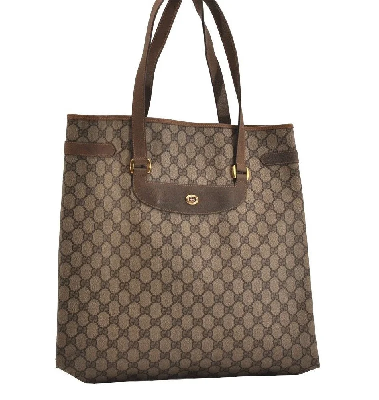 Women Gucci Sylvie bags with a crystal - embellished web stripeAuthentic GUCCI Vintage Shoulder Tote Bag GG PVC Leather Brown 6521J