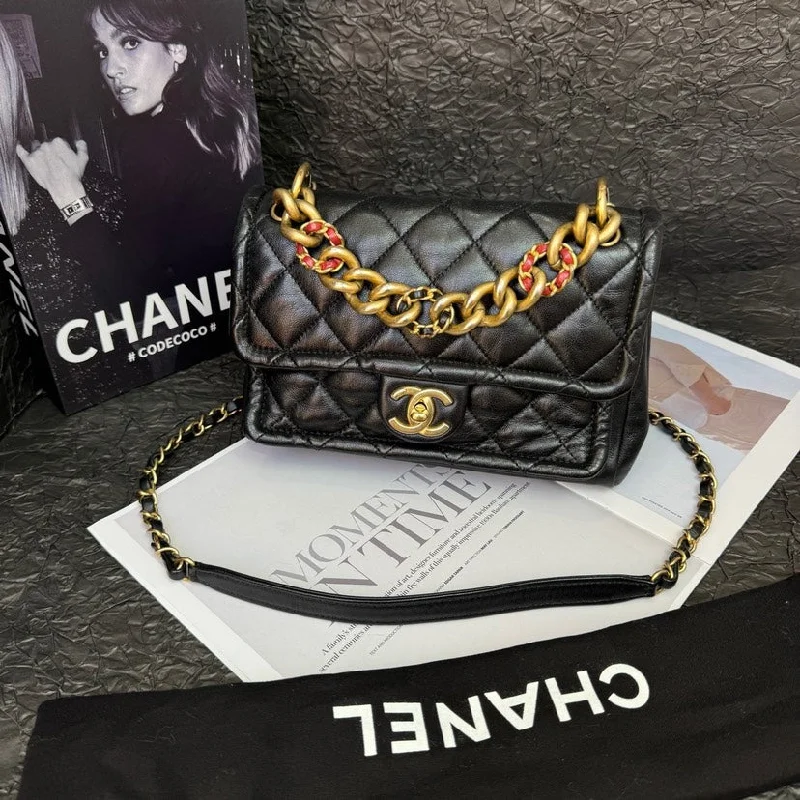 Chanel 19A Black Gold Tofu Chain Crossbody Bag Medium