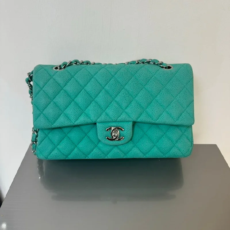 Chanel Double Flap Turquoise Quilted Caviar Leather Shoulder Bag Medium