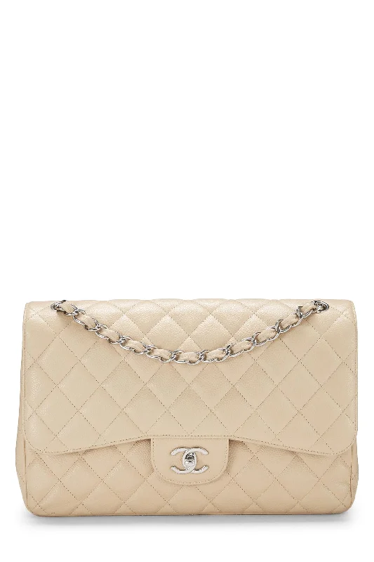 Chanel,  Beige Quilted Caviar New Classic Double Flap Jumbo, Beige