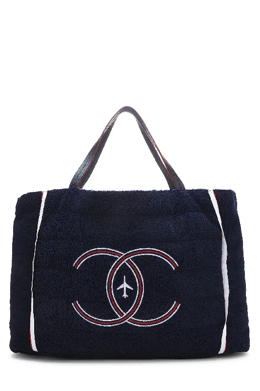 Chanel,  Navy Terry Cloth & Silver Nylon Reversible Airlines Tote Large, Silver