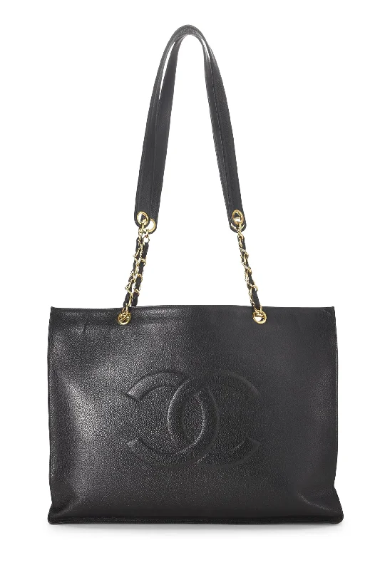 Chanel,  Black Caviar Flat Chain Handle Tote Medium, Black