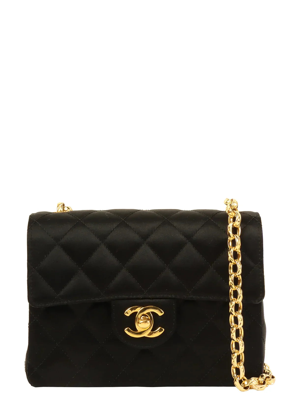 CHANEL Around 1985~1990 Made Silk Satin Cc Mark Plate Chain Bag Mini Black